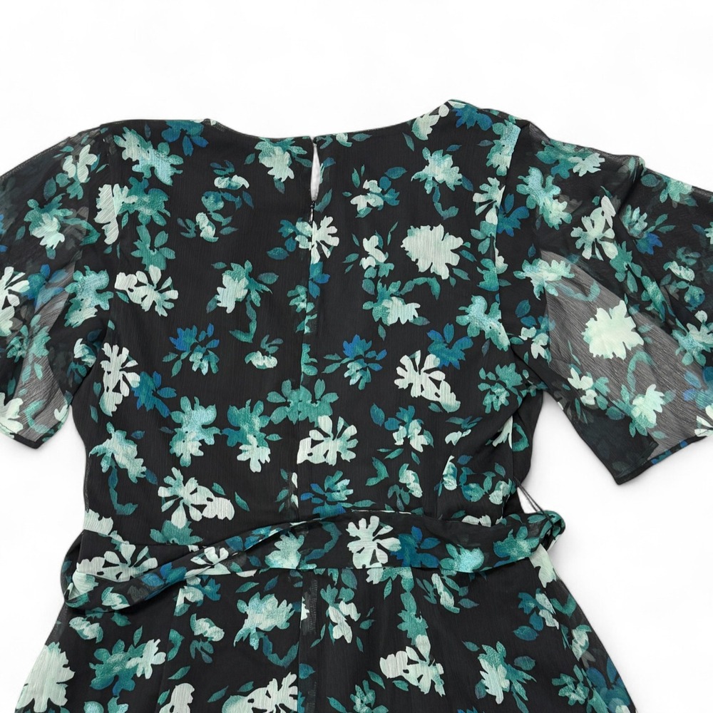 DKNY Floral Print Midi Dress Womens 10 NWT Flutter‎ Sleeve Tie Waist Black Green - Picture 9 of 9